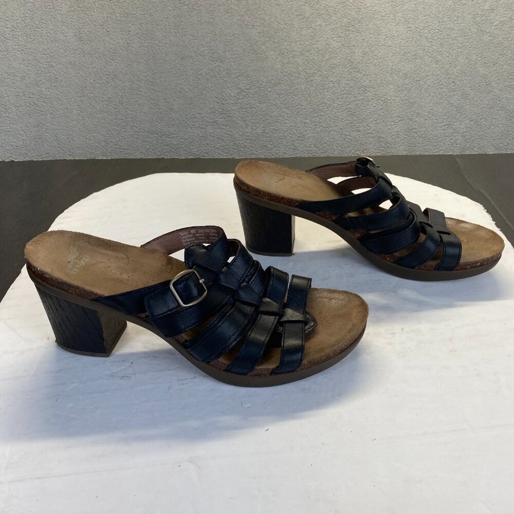 DANSKO Womens Size 40 Dina Black Leather High Heel Stappy Open Toe Slide Sandals